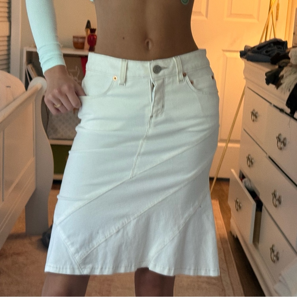 bebe White Denim Midi Skirt